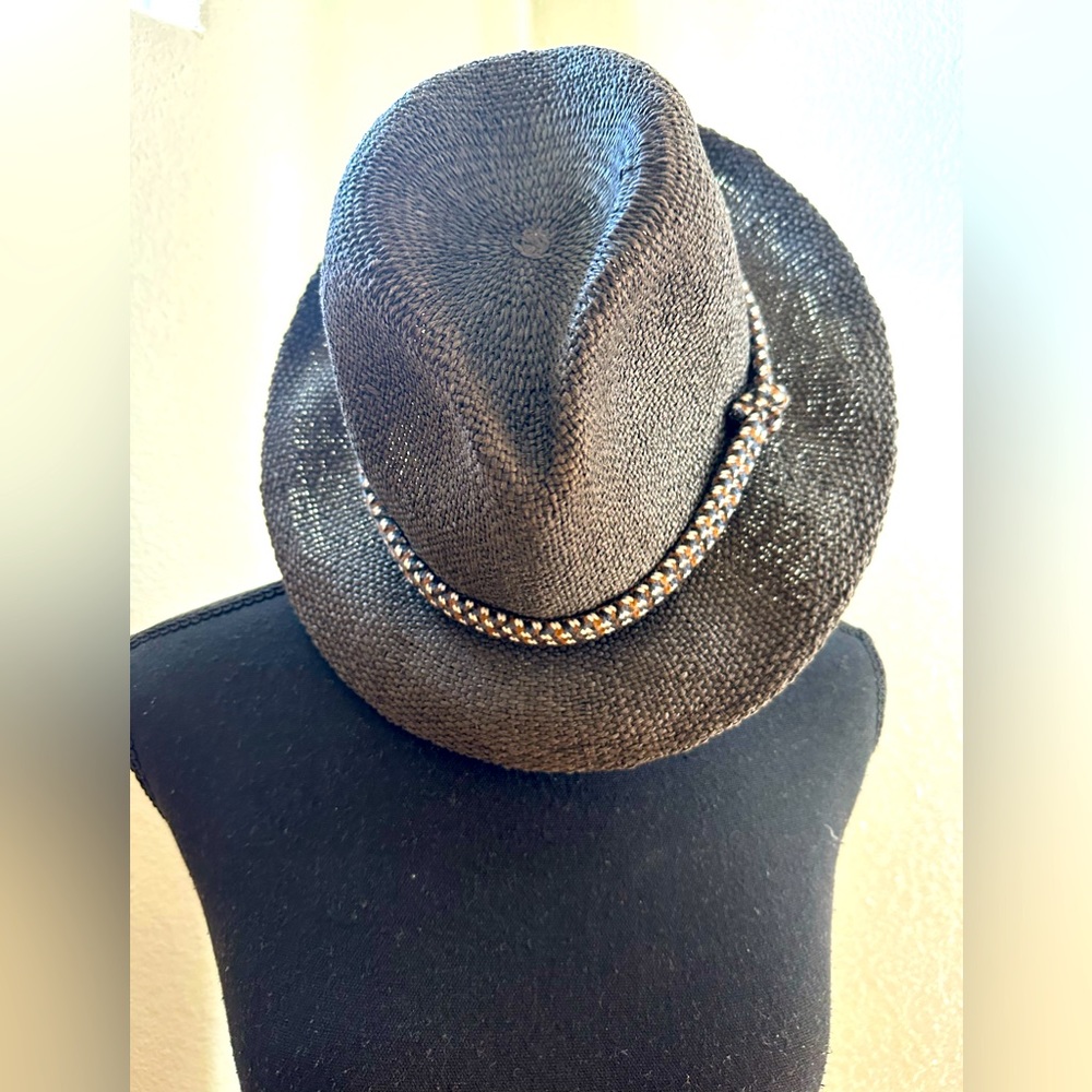 H&M Unisex Straw Fedora in Slate with brim trimmed in rope, M - Picture 2 of 5